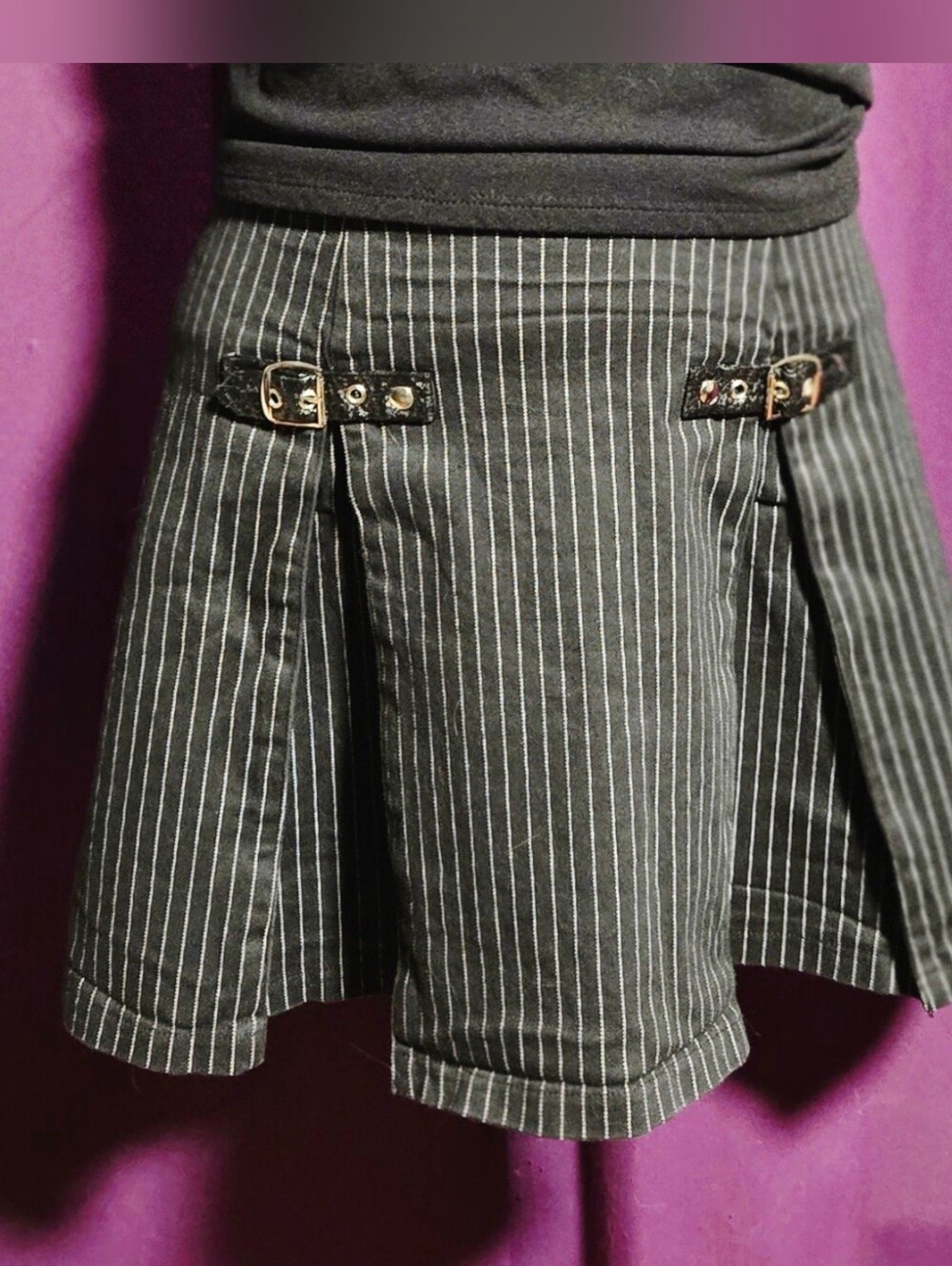 Vintage Y2K Lip Service London Black Pinstripe Buckle Mini Skirt Made USA M